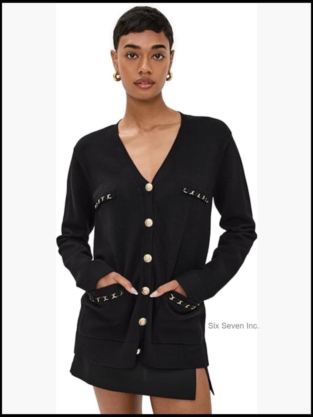 Oversized Knit Cardigan with Chain Trim Pockets